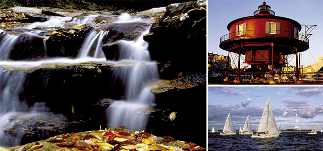 (Clockwise from left) Potomac Forest; Maritime Museum; Wednesday Night Sail Boat Races; Western Maryland Scenic Railroad. Photos courtesy of Maryland Office of Tourism.