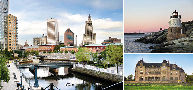 (Clockwise from left) Downtown Providence; Castle Hill Lighthouse; Historic Ochre Court Mansion in Newport. Photos courtesy of iStockphoto.